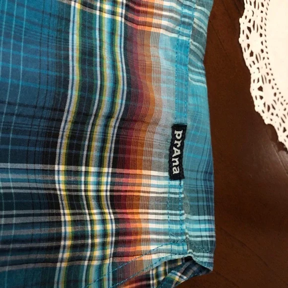 Prana Blue and Brown Plaid Casual Button Down Shirt - Picture 6 of 8